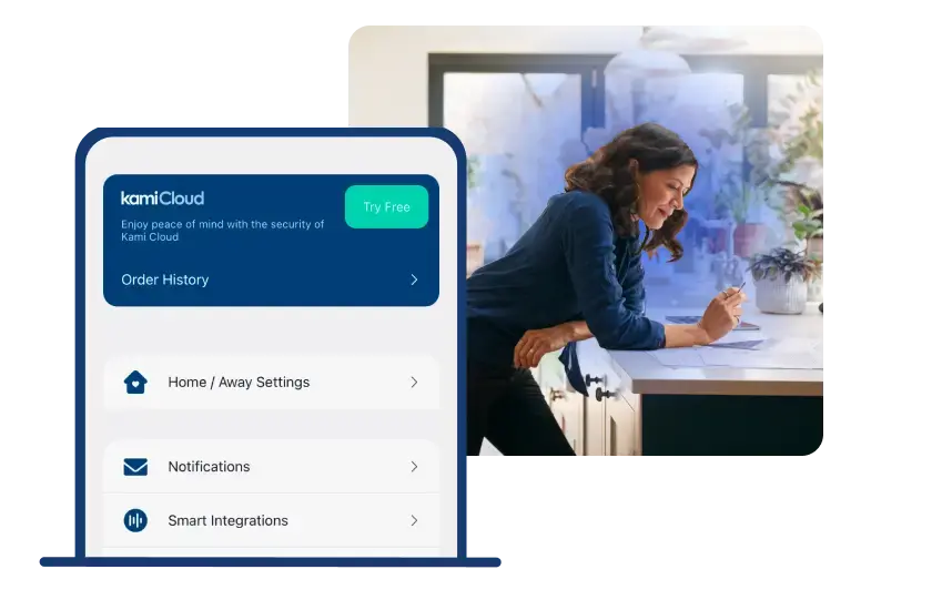Woman leaning over counter with KamiHome UI.webp