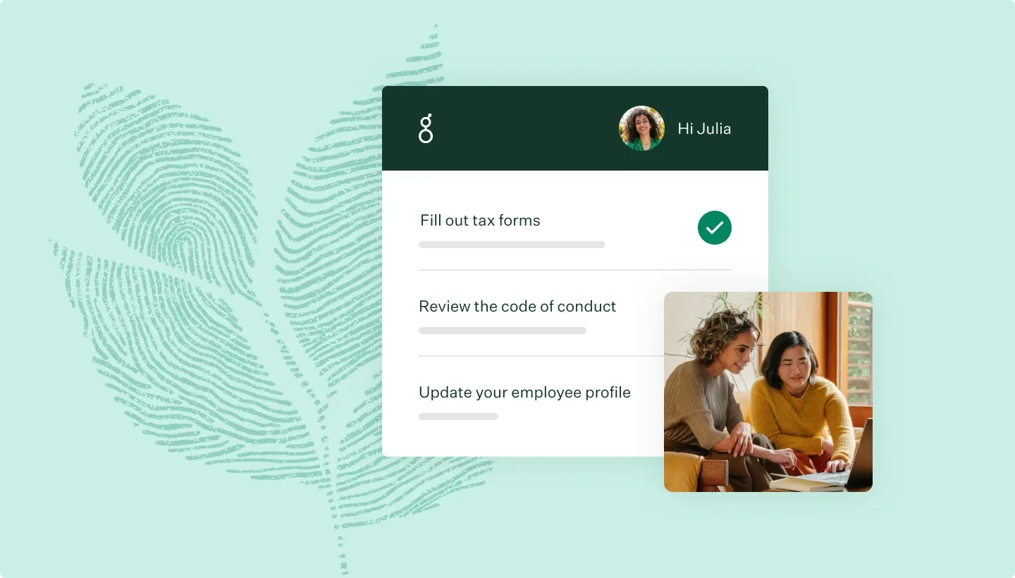 Greenhouse-Onboarding-tasks-UI-collage-with-two-women-in-warm-toned-office-reviewing-content-on-a-laptop-and-green-fingerprint-illustration.png