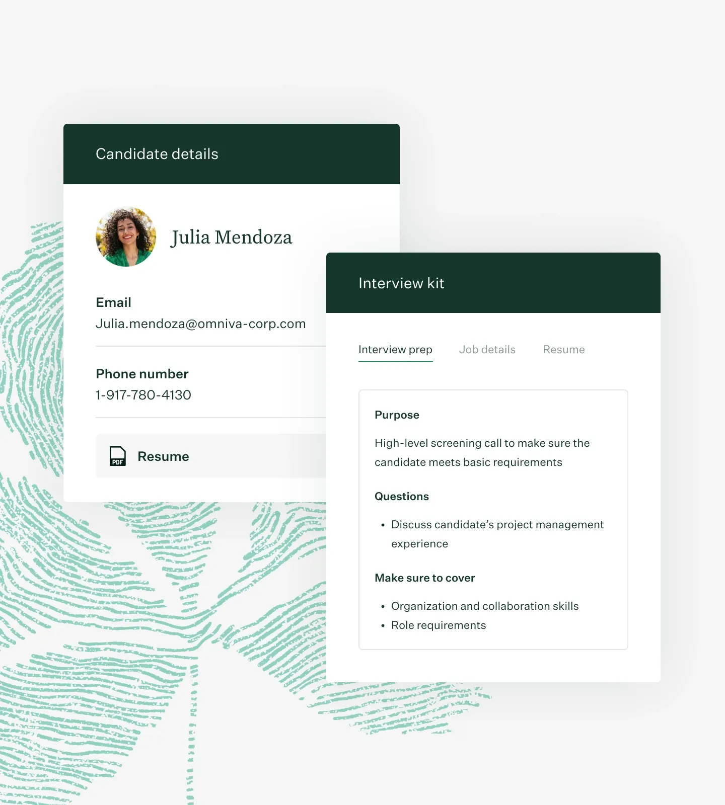 Greenhouse-interview-kit-and-candidate-details-UI-green-fingerprint-leaf-illustration-collage-new.png
